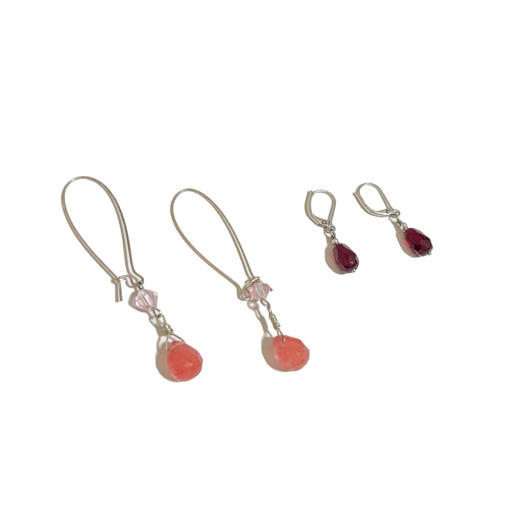 Two Pairs of Silver Toned Pink & Red Stone Dangle Earrings